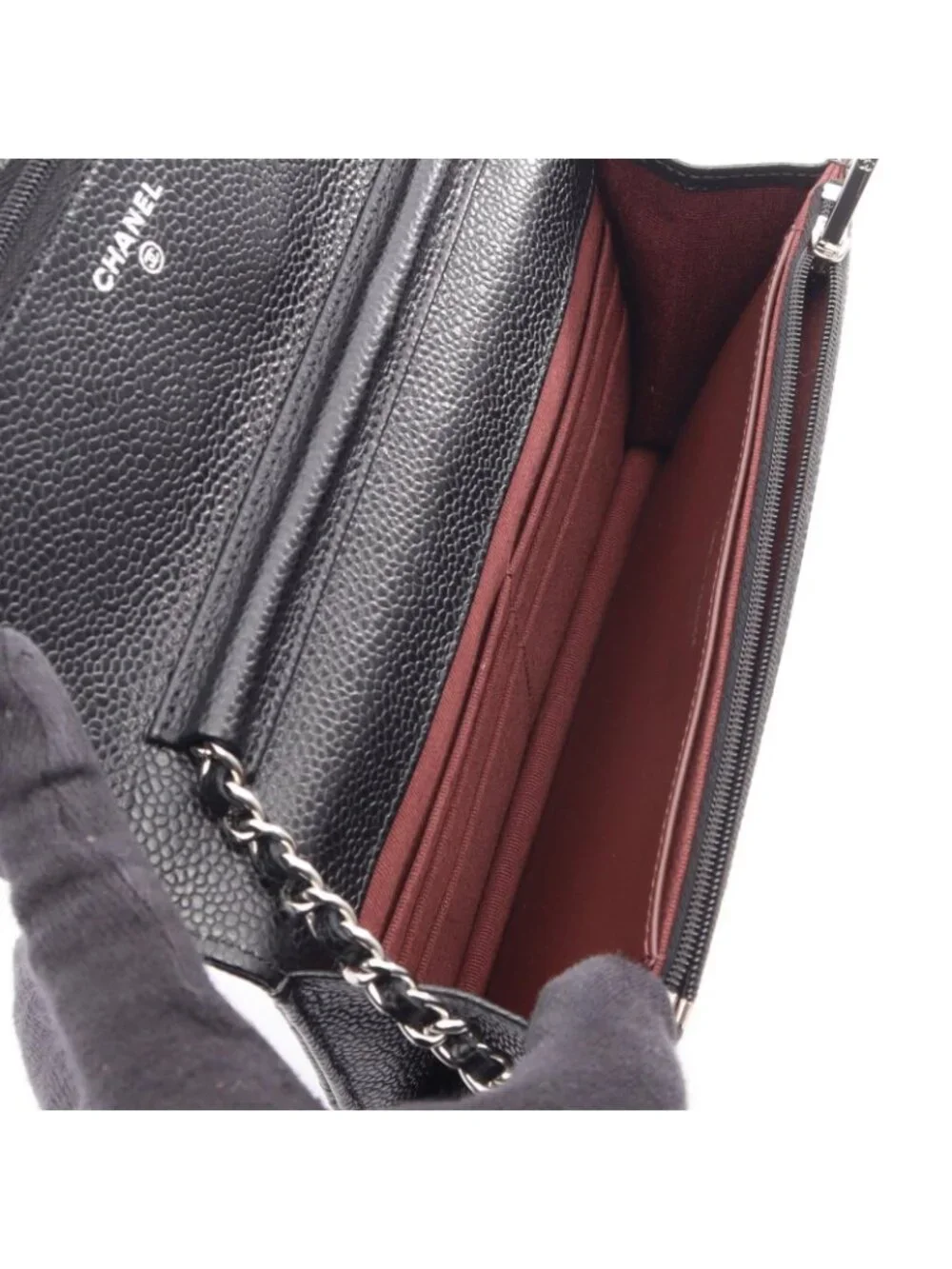 Chanel Shoulder Bag Quilted Black Caviar Leather Chain Wallet